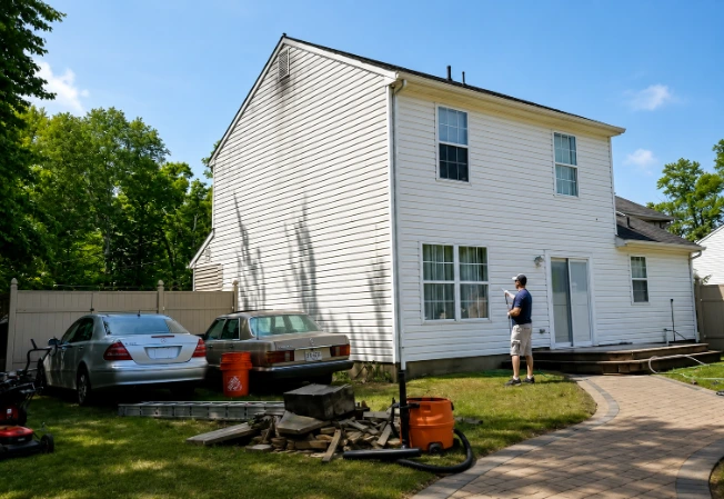 Pressure washing technician from our Jacksonville team preparing equipment on site