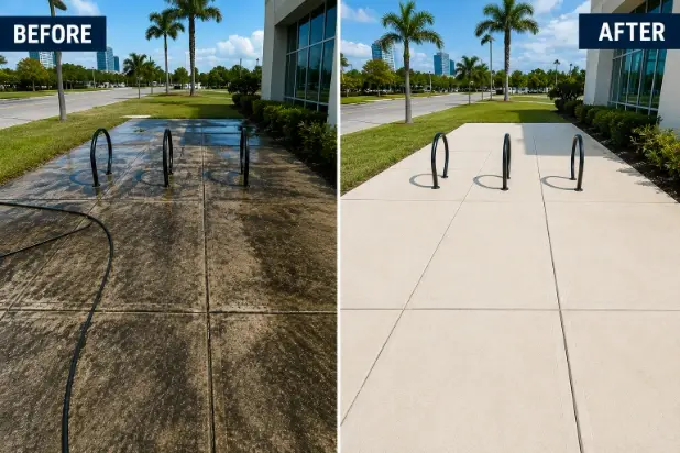 Split image of a walkway, grimy on one side and freshly cleaned on the other