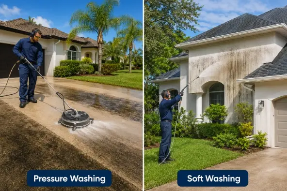 Side-by-side comparison of pressure washing and soft washing methods for Jacksonville homes